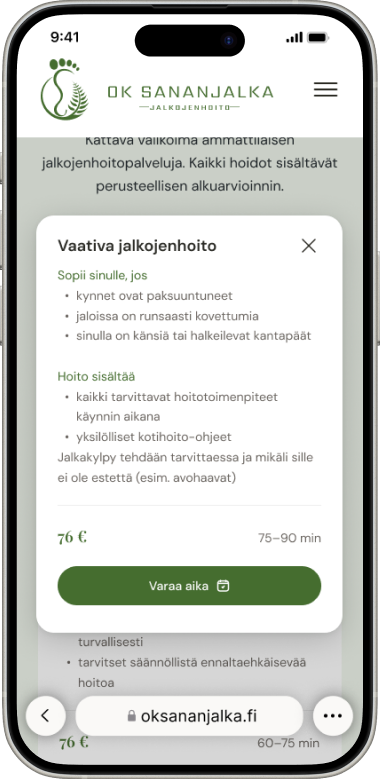 Lue lisää — the detailed modal for the same service